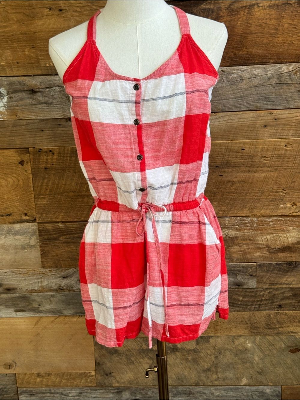 Old Navy Red Plaid Romper Sleeveless Drawstring Waist Casual Summer Playsuit PS